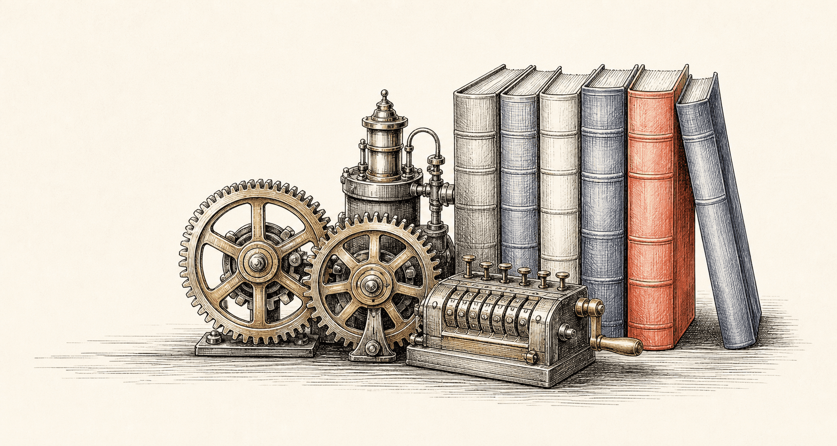 Machine de calcul ancienne, engrenages et livres