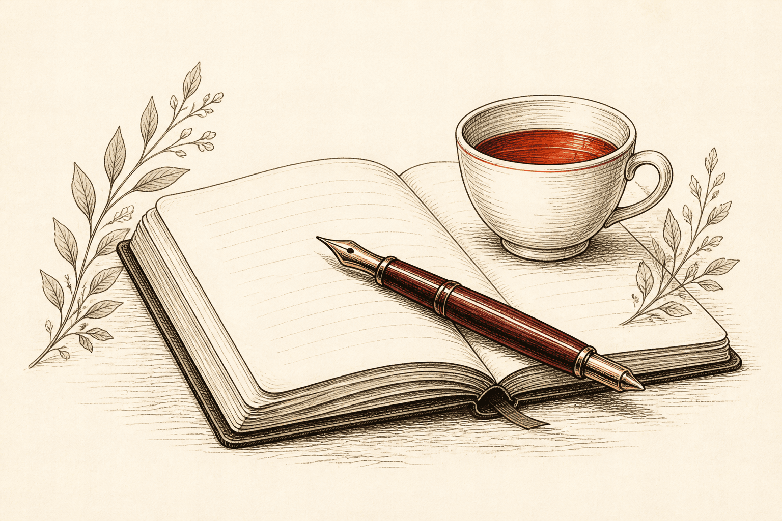 Carnet ouvert, stylo plume et tasse de thé